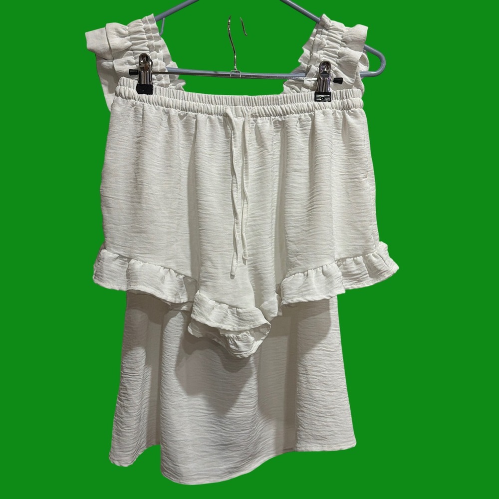 White Ruffle Two Piece Set Textured Tank Top Shorts Co-ord White M Beach Boho